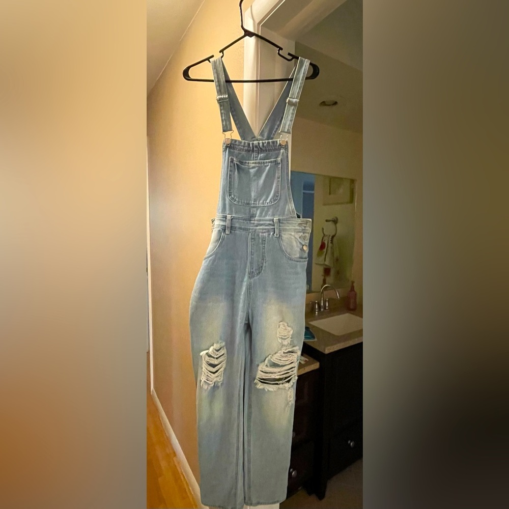 Distressed Light Blue Denim Overalls